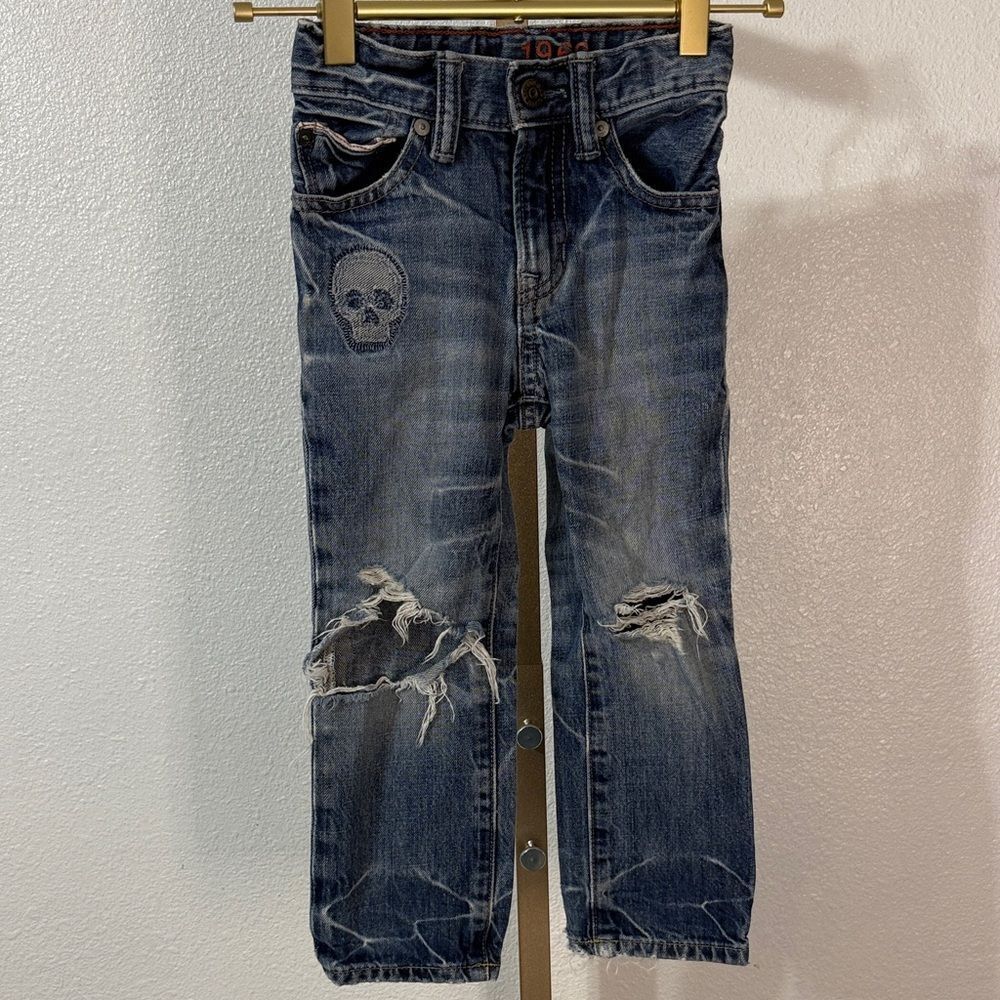 GAP Men's Blue Distressed Jeans with Skull Patch